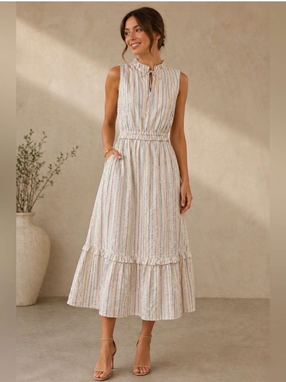 NWT J. Crew Sleeveless Cream Stripe Sundress with Pastel metallic stripes.